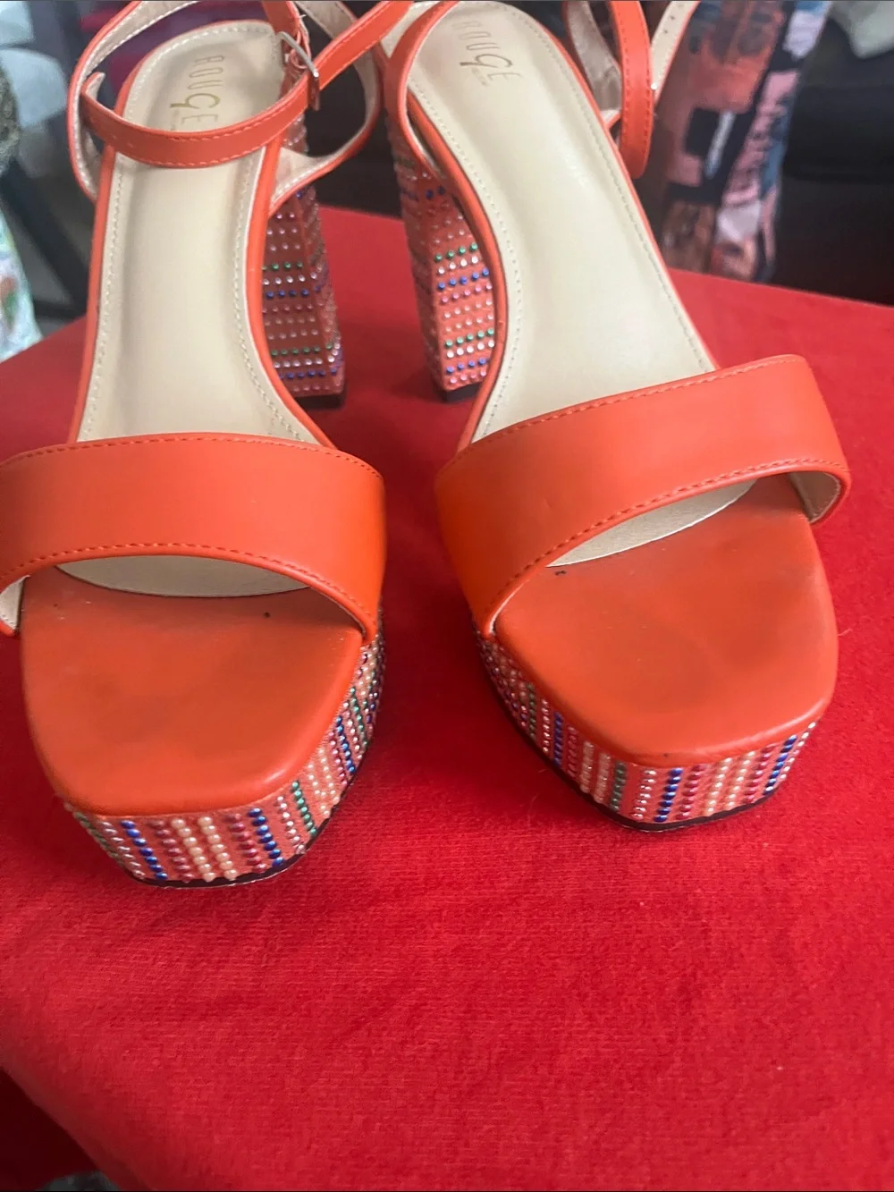 Rouge Helium Coral-Orange Rhinestone Platform Slingbacks